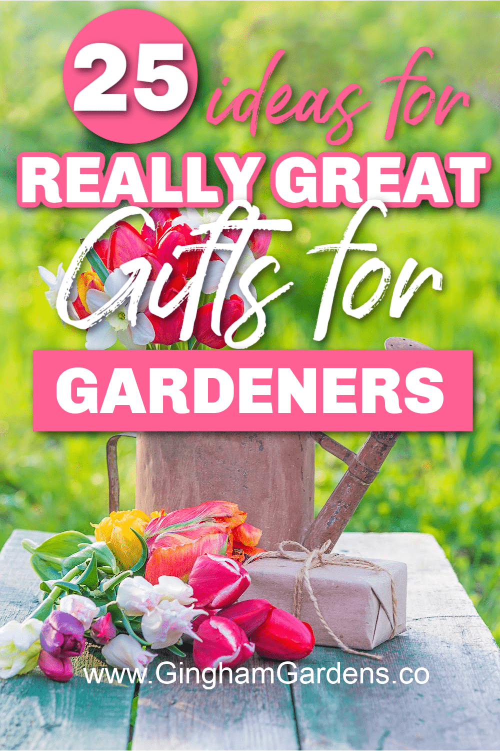 Image of a grouping of flowers in a watering can and a gift with text overlay - 25 really great Gifts for Gardeners