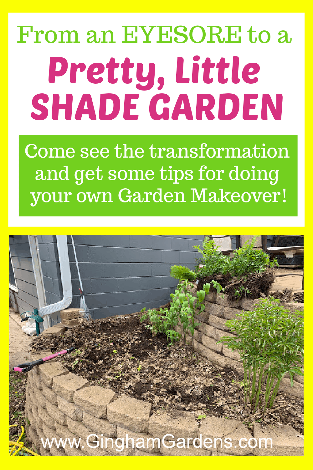 Image of a garden project with text overlay - From an eyesore to a pretty little shade garden