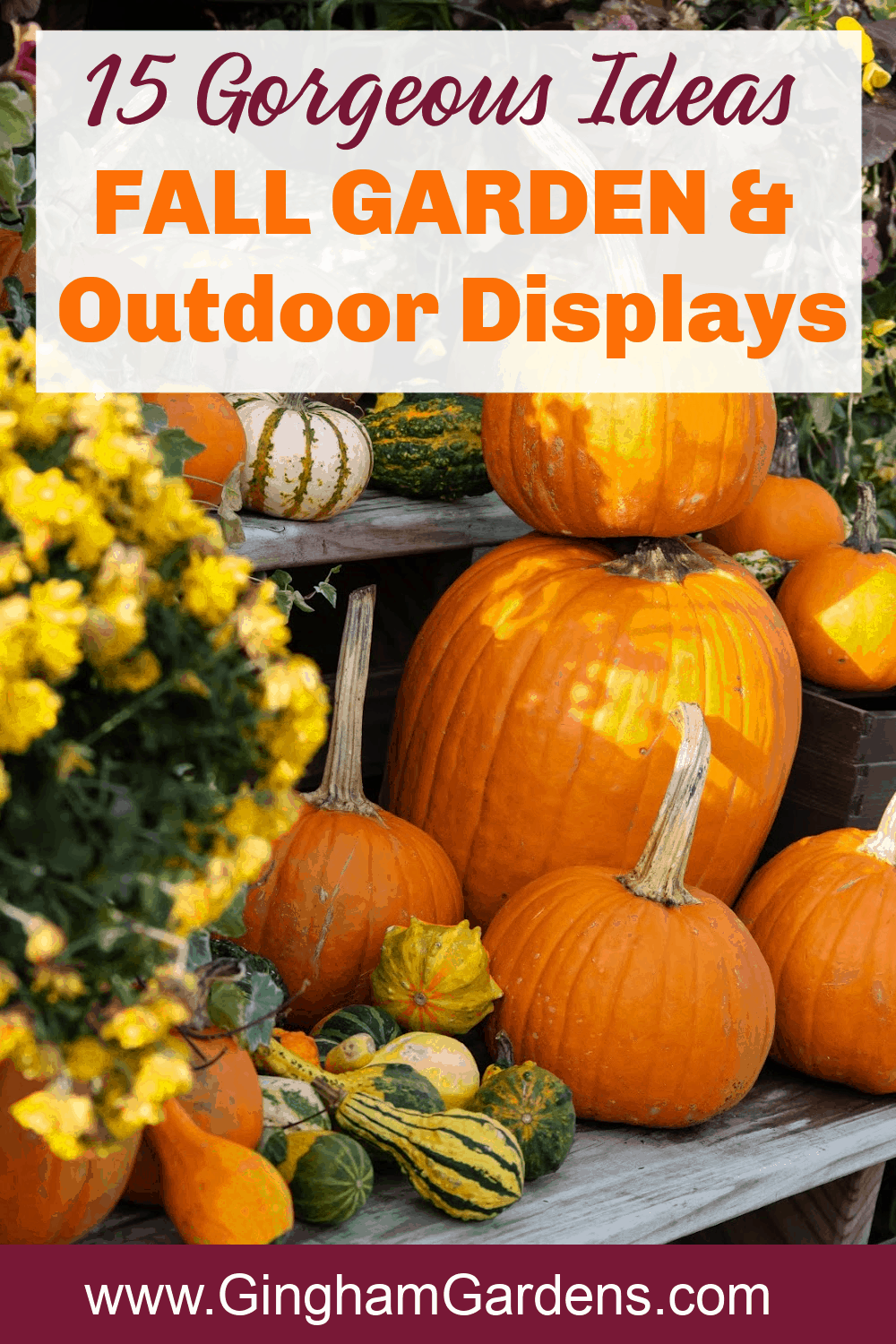 Image of pumpkins and fall flowers with text overlay - 15 Gorgeous Ideas Fall Garden and Outdoor Displays