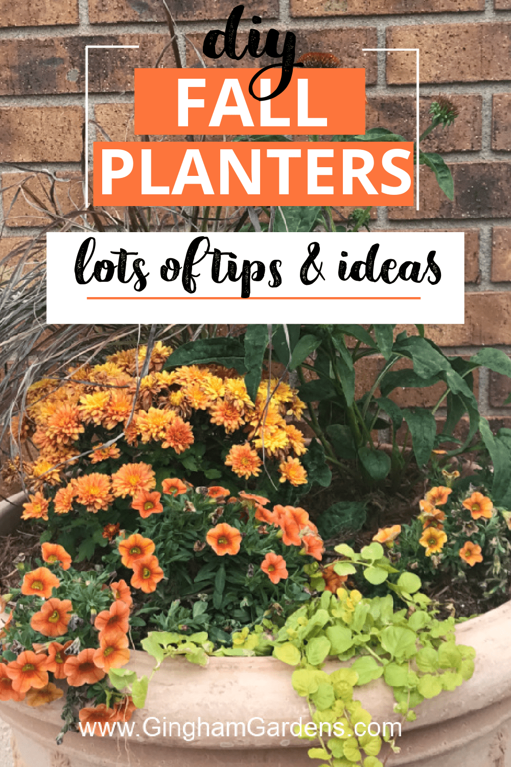 Image of a fall flower planter with text overlay - DIY Fall Flower Planters lots of tips and ideas