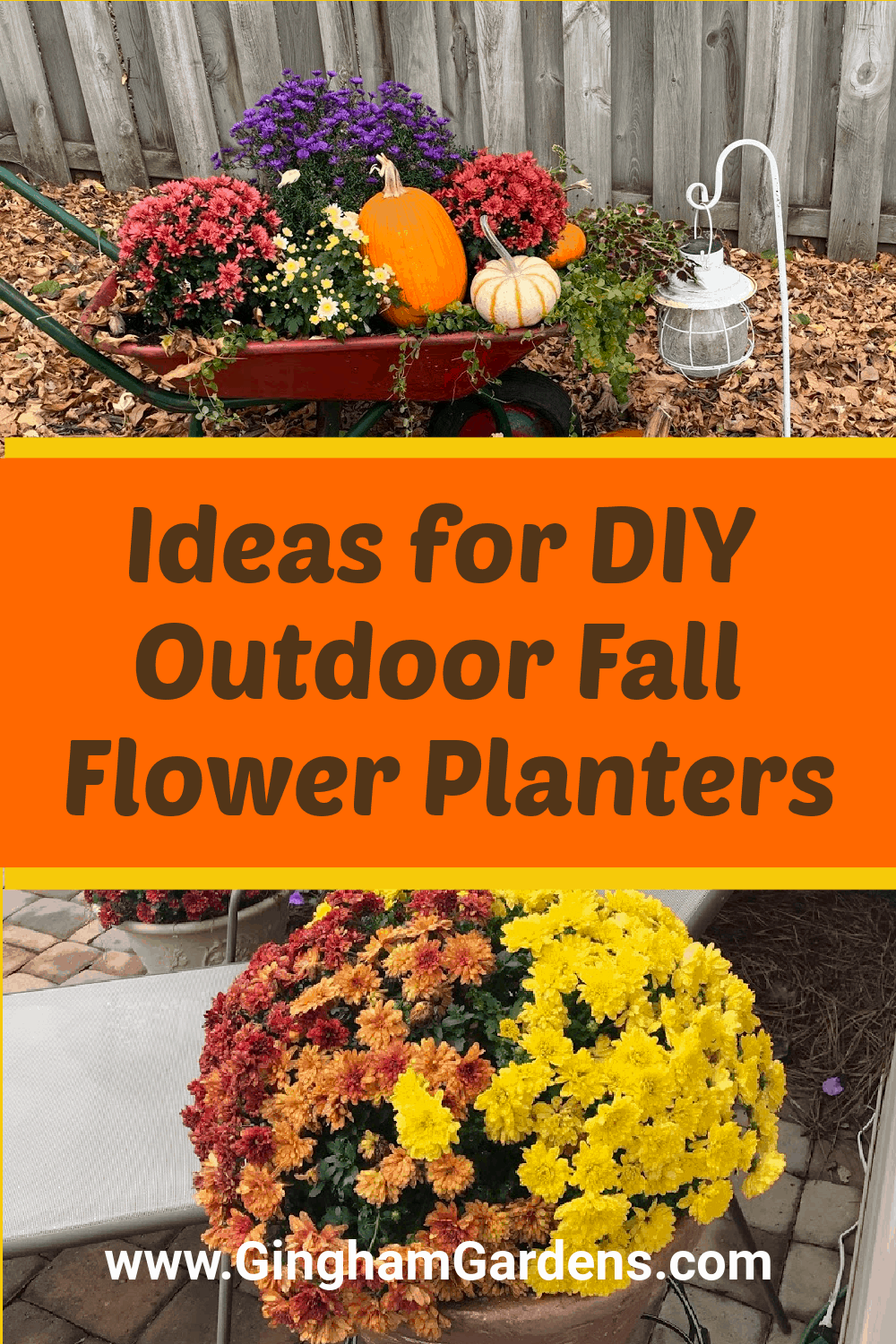 Images of fall gardens with text overlay - Ideas for DIY Outdoor Fall Flower Planters