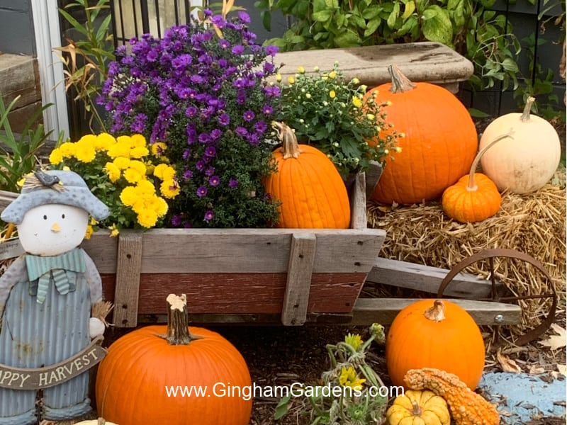 Image of a cart with fall flowers and pumpkins