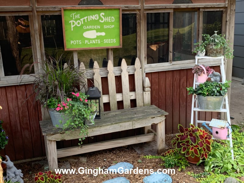 Rustic garden with a bench, potting shed and plants.