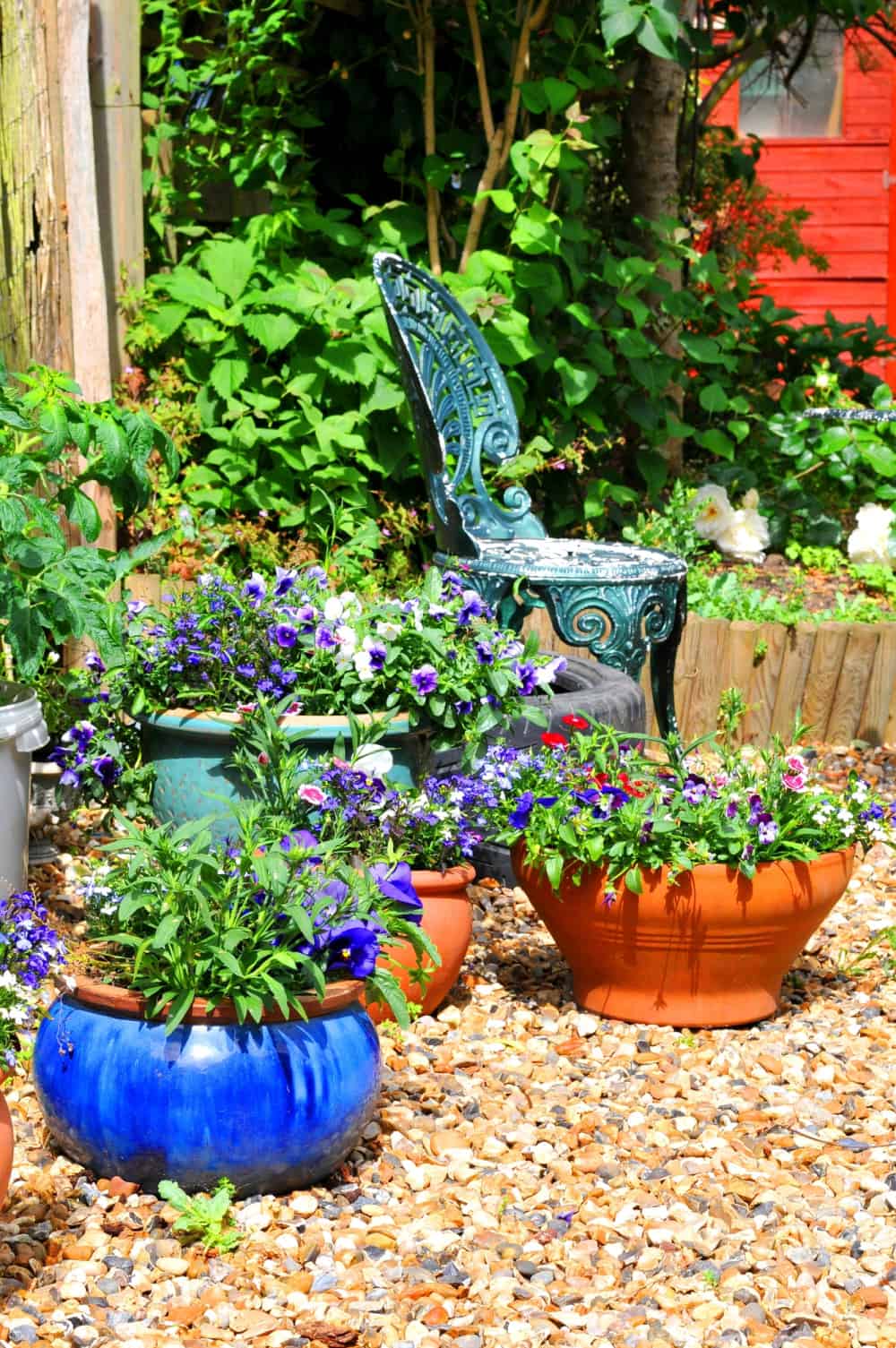 Colorful flower planters on a gravel bed.