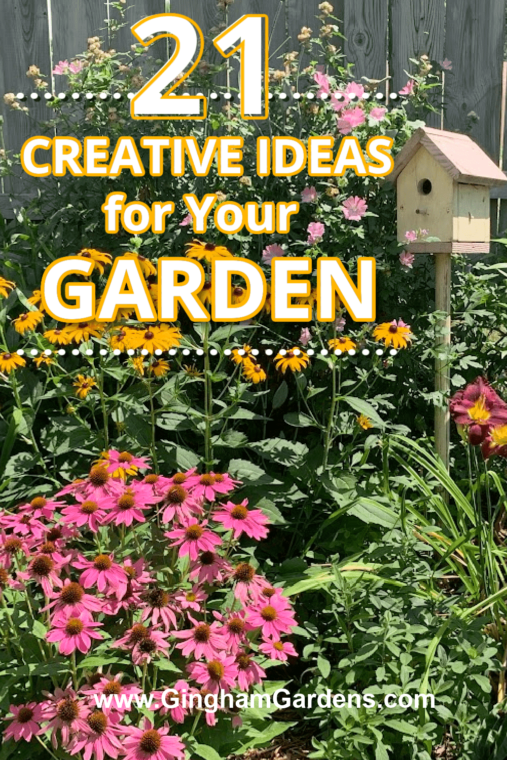 Image of a flower garden with text overlay - Creative Ideas for Your Garden