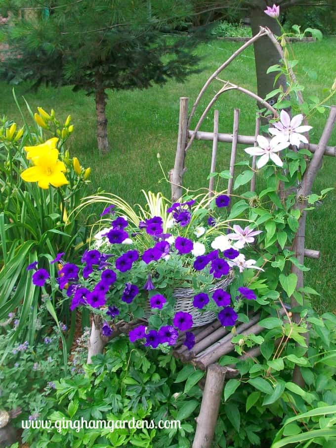 DIY Maple Twig Chair with Basket of Petunias