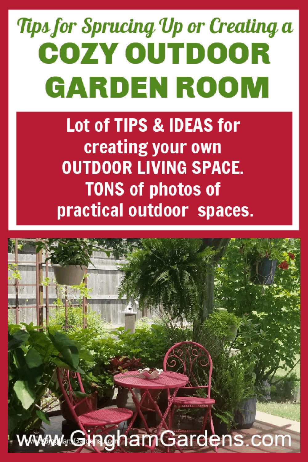 Image of a garden room with text overlay - tips for sprucing up or creating an outdoor garden room