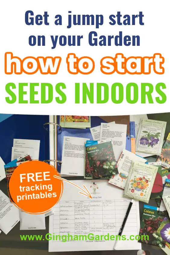 Image of a Garden Planner Page and Seed Packets with Text Overlay - How to Start Seeds Indoors