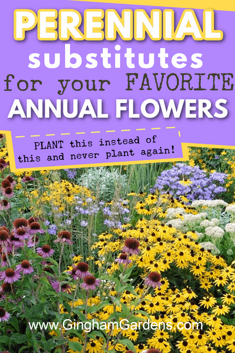 Image of a Flower Garden with text overlay - Perennial substitutes for your favorite annual flowers