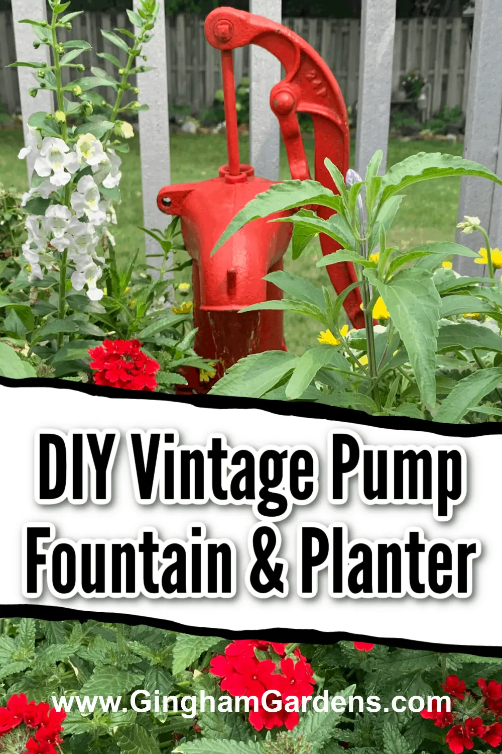 Image of a red vintage pump in a planter with text overlay - DIY Vintage Pump Fountain & Planter