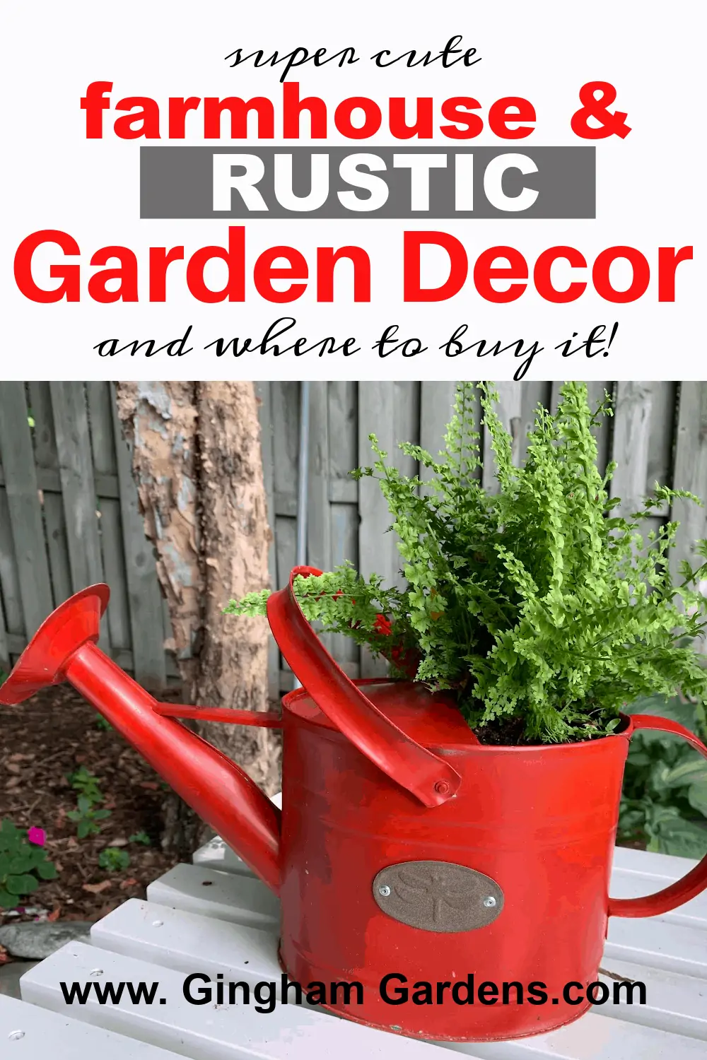 Image of a red watering can used as a planter with text overlay - Farmhouse and Rustic Garden Decor