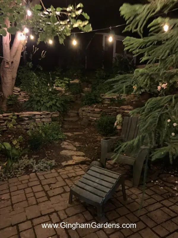 Garden sitting area at night