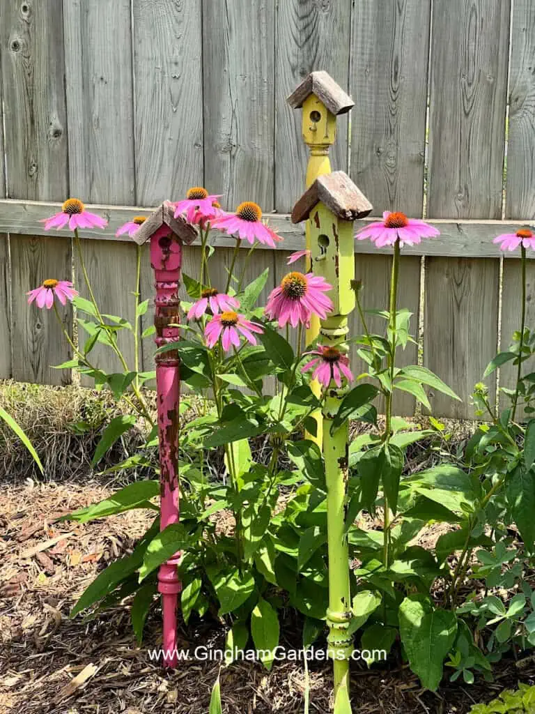 Faux birdhouse stakes surrounded by coneflowers.