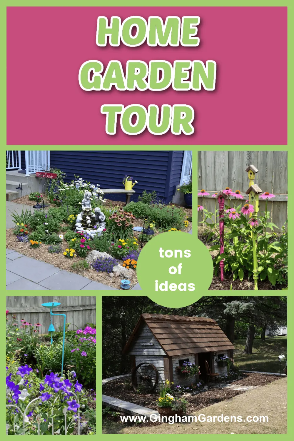 Colorful garden images in a collage with text overlay - Home Garden Tour
