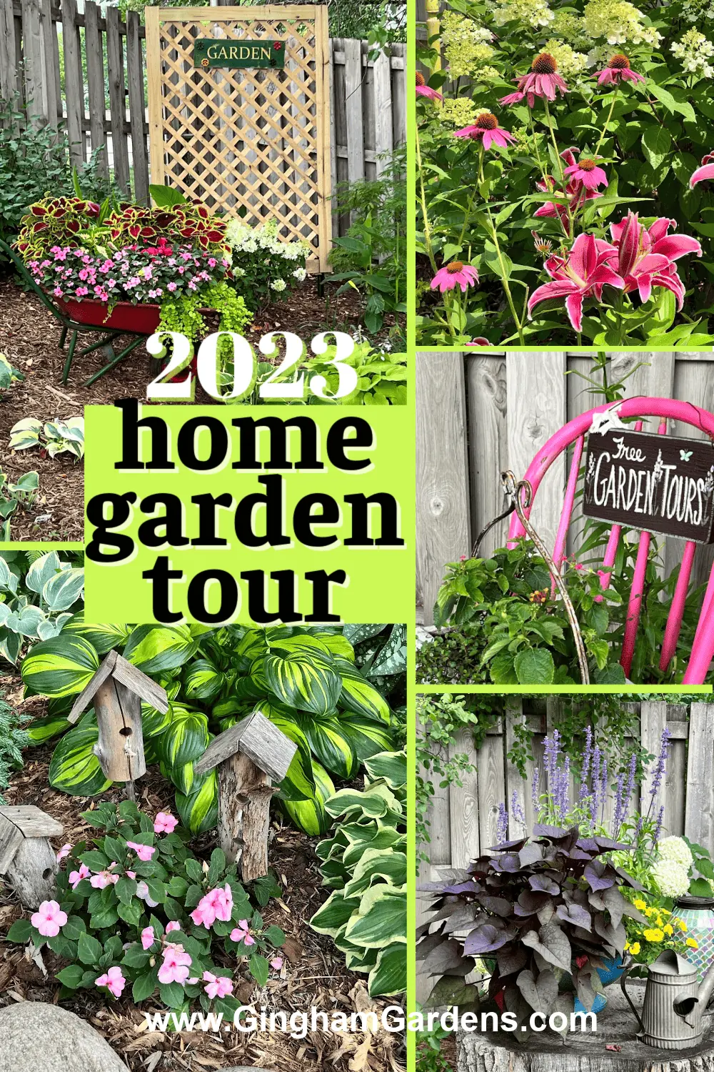 Collage with images of flower gardens and garden art.