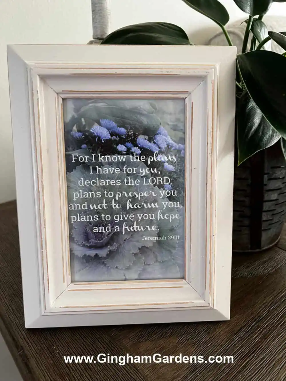 Framed print of flowers in a garden with a bible verse overlay. Unique Gifts from your garden.