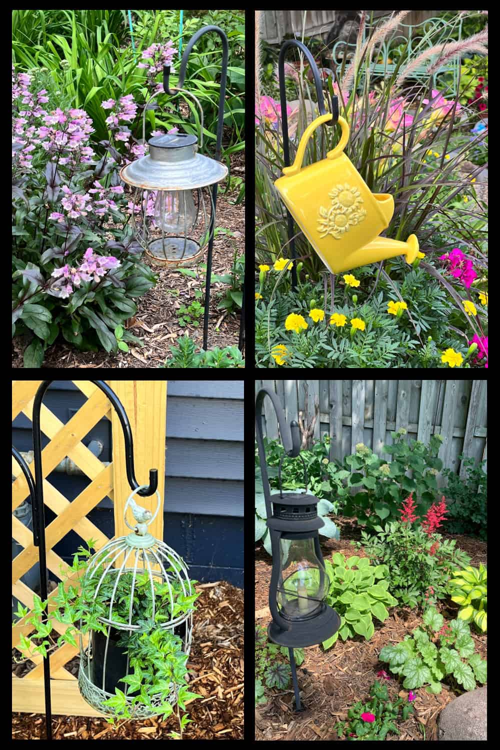 Collage of shepherd's hook stakes being used for various things in a garden.