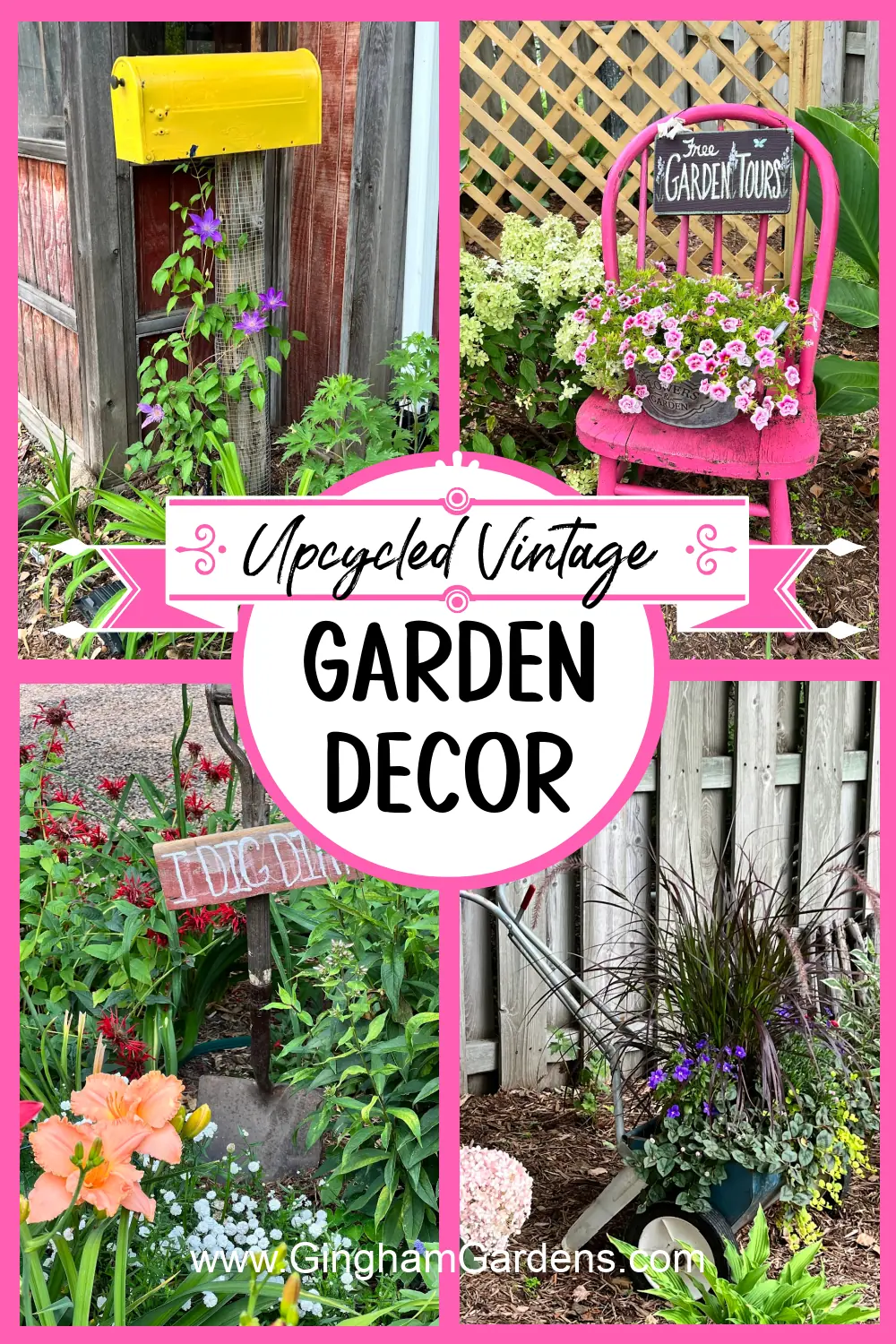 Images of rustic garden decor with text overlay - Upcycled Vintage Garden Decor